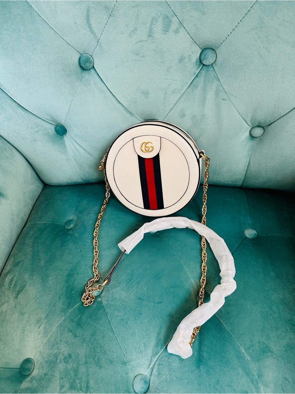 Gucci White Round Crossbody Bag with Red & Blue Stripe and Gold Chain